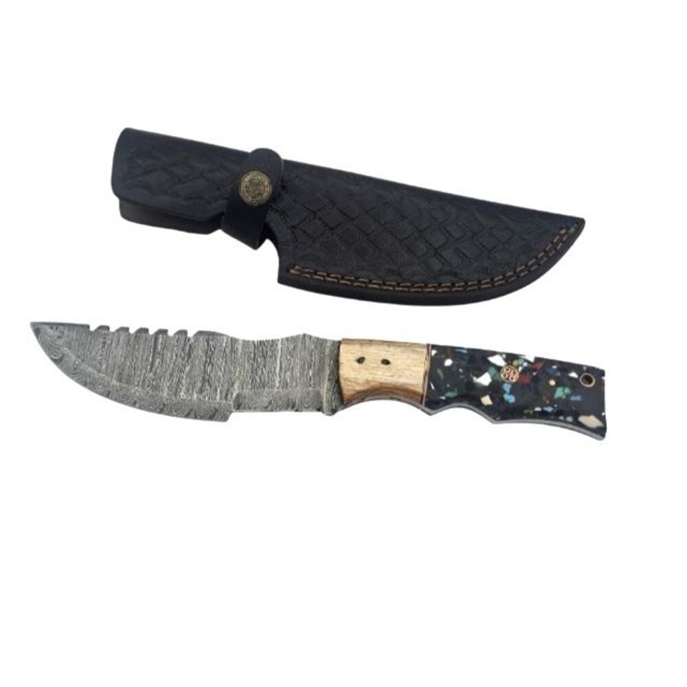 Custom Handmade Damascus Hunting Knife 10" Fixed Blade Wood Resin Handle Sheath